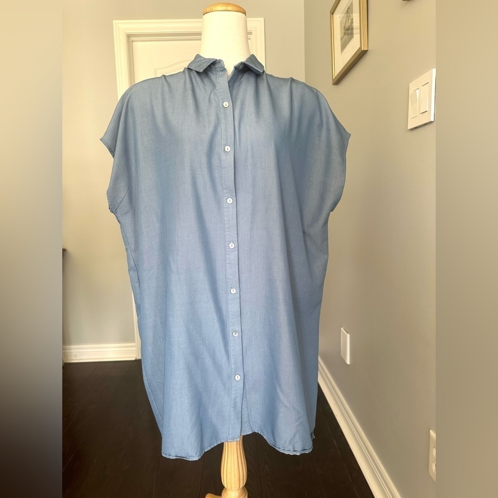 ZARA Basic Chambray Button Front Shirt Dress with Extended Sleeves - Blue Size M